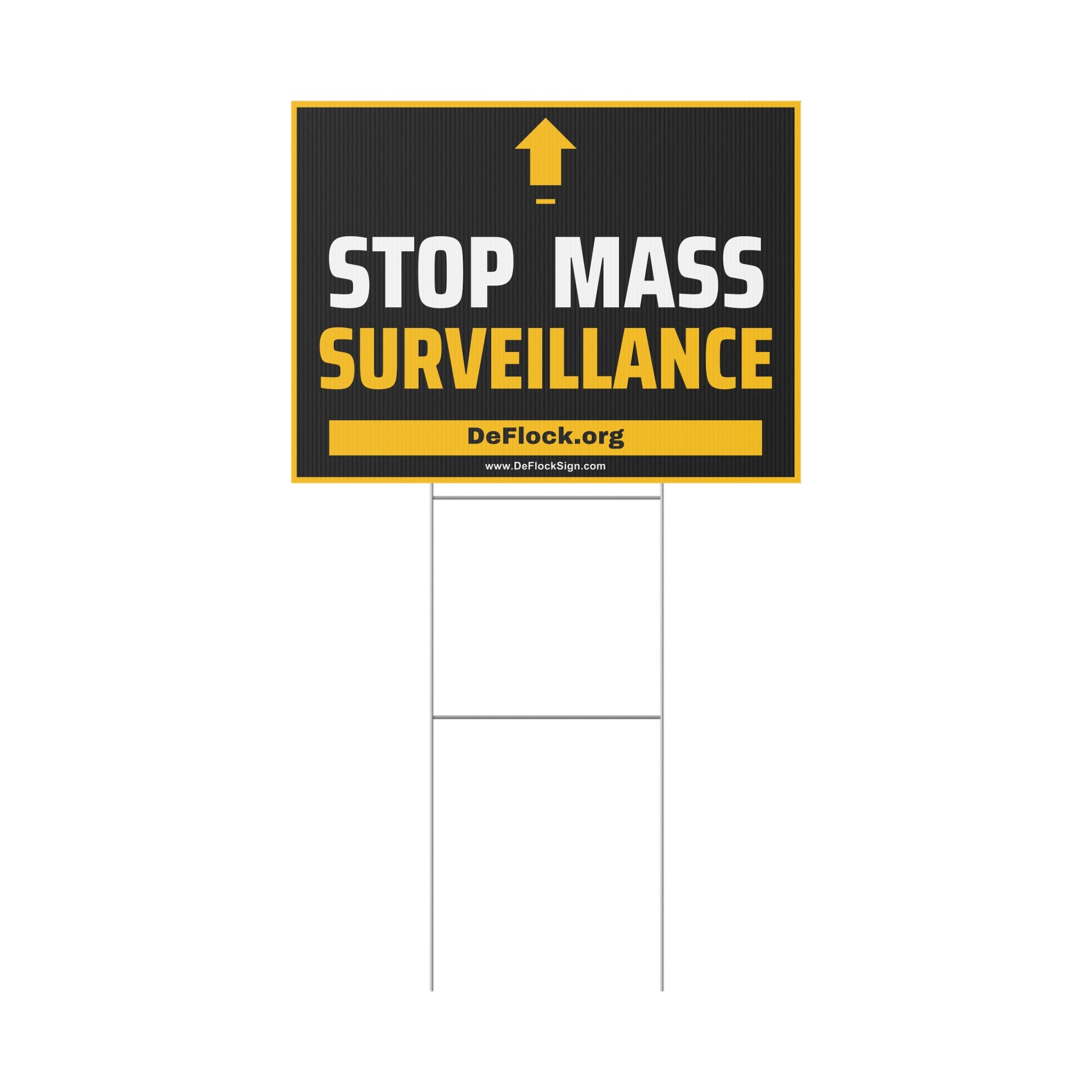 Yard sign with an arrow pointing upwards, and a message that says "Stop Mass Surveillance" to indicate that above the sign is a surveillance camera.