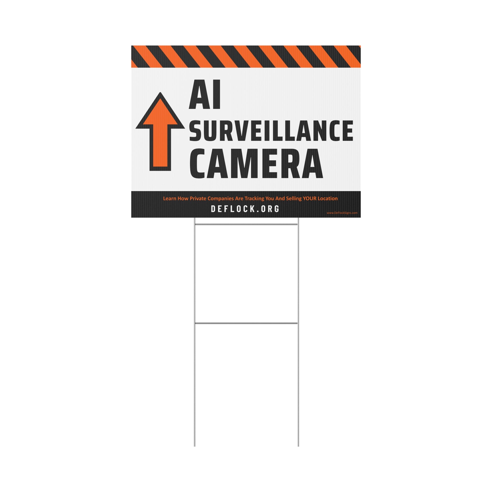 Yard sign with an arrow pointing upwards, and a message that says "AI Surveillance Camera" to indicate that above the sign is a surveillance camera.