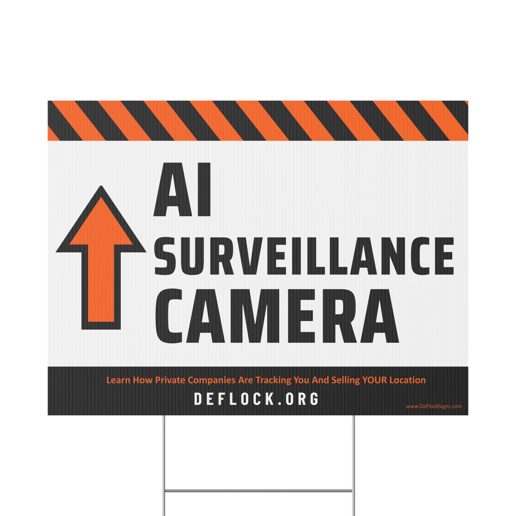 Yard sign with an arrow pointing upwards, and a message that says "AI Surveillance Camera" to indicate that above the sign is a surveillance camera.
