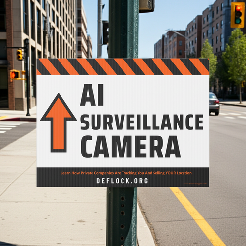 DeFlock Signs AI surveillance camera yard sign with bold warning message to deter intruders and enhance security visibility.