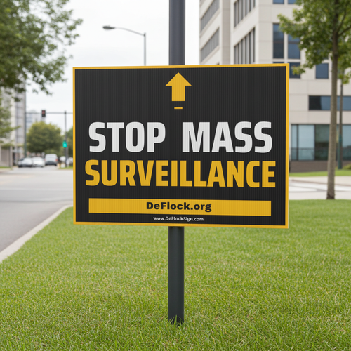 DeFlock Signs yard sign reading "Stop Mass Surveillance" with camera icon, designed to deter surveillance in outdoor areas.