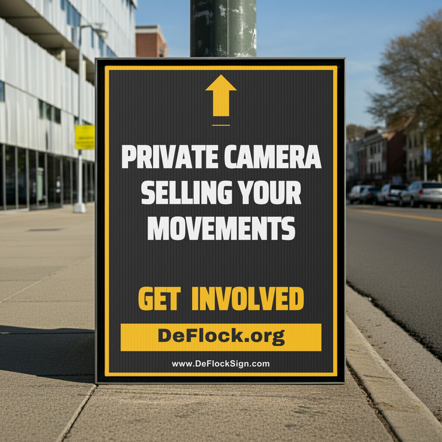DeFlock Signs yard sign displaying "Private Camera Selling Your Movements" with security camera graphic for home privacy.