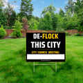 DeFlock Signs yard sign displaying a city council meeting notice with clear text and a professional design, 24x18 inches.
