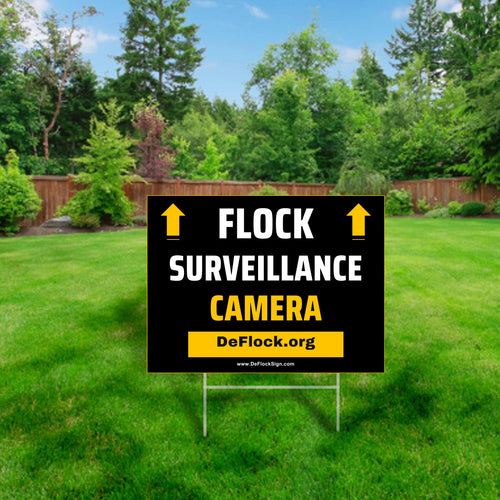 DeFlock Signs flock surveillance camera yard sign showing a full-color mockup of security camera alert sign for outdoor use
